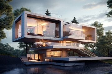 Commercial photo of a House in Forest, Beautiful glass house photo for advertisement and poster - AI Generated
