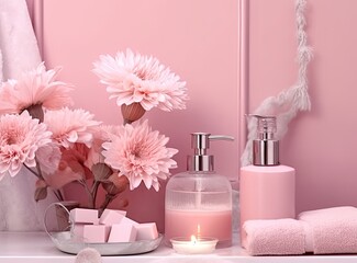 Soft light bathroom decor in pastel pink color, towel, soap dispenser, white flowers, accessories on pastel pink shelf. Created with Generative AI technology.