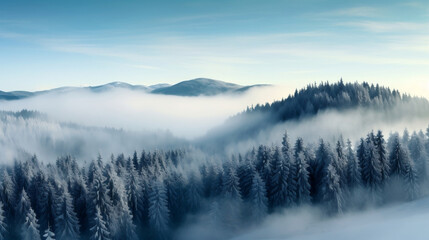 Amazing mystical rising fog sky forest snow snowy trees landscape snowscape in black forest ( Schwarzwald ) winter, Germany panorama banner - mystical snow mood, Generative Ai - obrazy, fototapety, plakaty