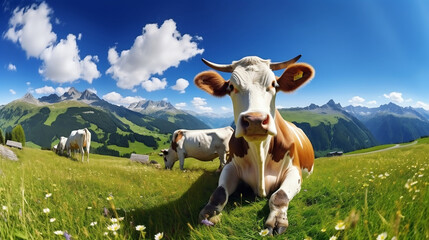 Fototapeta na wymiar Animal background banner panorama - Funny cow in the mountains Allgäu Austria Alps, on green fresh meadow, Generative Ai
