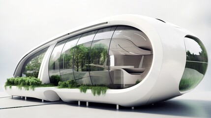 Concept or conceptual 3D illustration of eco building with green trees Modern house. Generative AI.