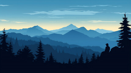 Blue landscape background banner panorama illustration vector drawing - View with black silhouette of mountains, hills, forest trees firs and woman sitting on rock, Generative Ai - obrazy, fototapety, plakaty