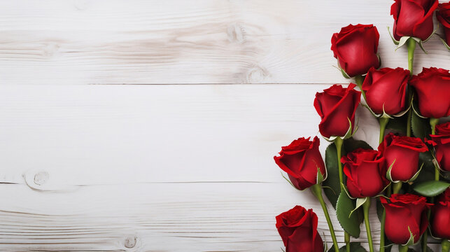Bunch bouquet of red roses on white vintage wooden texture background banner panorama, top view with space for text, Generative Ai