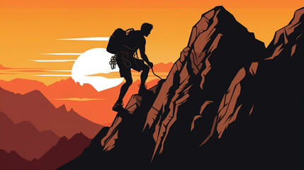 Climb climber adventure hobby vector illustration for logo - Black silhouette of a climbers on a cliff rock with mountains landscape and sunset sunrise as a background, Generative Ai