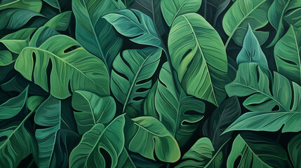 Closeup of abstract tropical organic green leaves pattern lush foliage painting illustration, Generative Ai