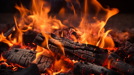 Closeup of burning coals from a fire, barbeque fire grilling campfire barbecue background banner, Generative Ai