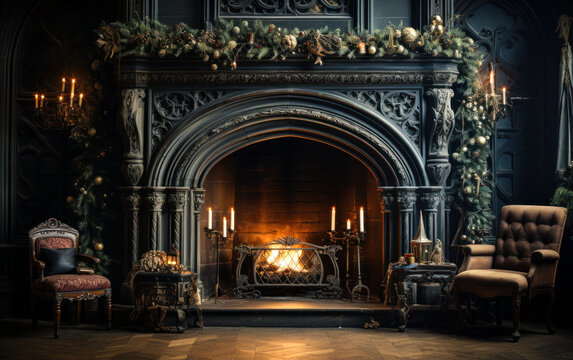 An old living room with a fire place and a chair with Christmas time decorations