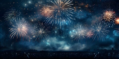 2024 New Year's Eve Party Background Banner Panorama Long Fireworks Over Rustic Dark Blue Night Sky Texture
