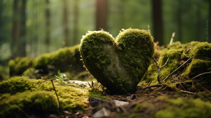 Forest dig cemetery, funeral background - Closeup of wooden heart on moss. Natural burial grave in the woods. Tree burial, Generative Ai - obrazy, fototapety, plakaty