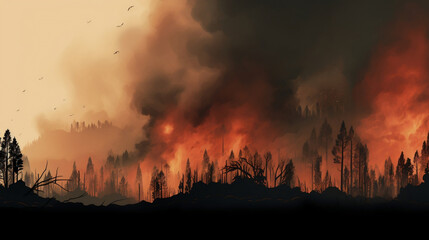 Fototapeta na wymiar Forest fire, wildfire landscape natural disaster background banner panorama - Burning flames with smoke development and black silhouette of forest trees and firefighters, Generative Ai