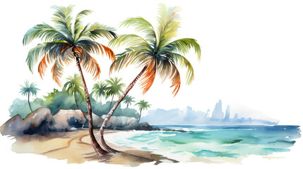 Fototapeta na wymiar Holiday summer travel vacation illustration - Watercolor painting of palms, palm tree on teh beach with ocean sea, design for logo or t shirt, isolated on white background, Generative Ai