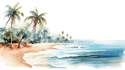 Obraz na płótnie Canvas Holiday summer travel vacation illustration - Watercolor painting of palms, palm tree on teh beach with ocean sea, design for logo or t shirt, isolated on white background, Generative Ai