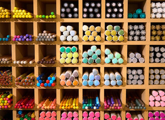 Background of wooden shelf with color felt tip pens, markers, color pencils and crayons in a school stationery shop.
