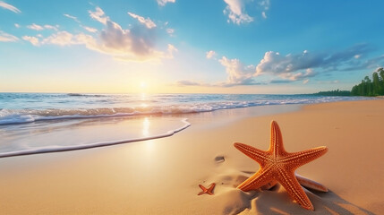 Fototapeta na wymiar Landscape seascape summer vacation holiday travel tropical ocean sea background panorama - Close up of starfish and plam leaves on the sand beach, illuminated by the sun, Generative Ai