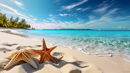 Fototapeta na wymiar Landscape seascape summer vacation holiday travel tropical ocean sea background panorama - Close up of starfish and plam leaves on the sand beach, illuminated by the sun, Generative Ai