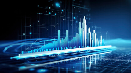 A business candlestick graph chart of stock market investment trading on blue background, bullish point ,upward trend, financial analytics concept of  monochrome graph diagram like sky, Gen ai