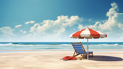 Landscape summer vacation holiday travel ocean sea beach background banner panorama - Wooden sun loungers, lounge chair and parasol on the sand, blue sky and sunshine, Generative Ai