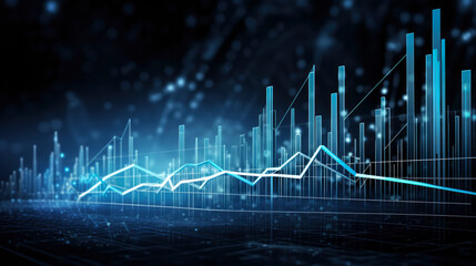 Naklejka premium A business candlestick graph chart of stock market investment trading on blue background, bullish point ,upward trend, financial analytics concept of monochrome graph diagram like sky, Gen ai