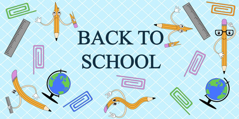 Fototapeta na wymiar Back to School big horizontal Banner with funny School Characters and space for text. Pencil mascot. Template education poster. Vector illustration