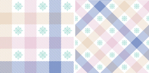 Set check plaid seamless pattern with snowflakes.