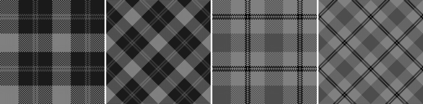 Set black and white check plaid seamless vector pattern.