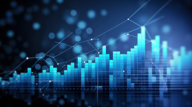 A business candlestick graph chart of stock market investment trading on blue background, bullish point ,upward trend, financial analytics concept of  monochrome graph diagram like sky, Gen ai