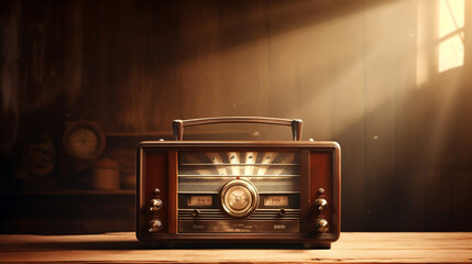 Old retro vintage radio on a aged wooden table illuminated by the sun, Generative Ai