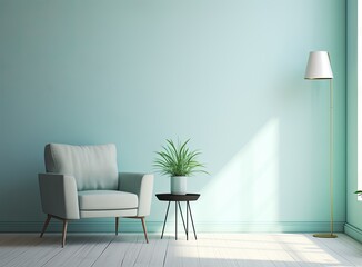 Photo of white wooden cupboard with fresh plant and mint lampshade. Created with Generative AI technology.