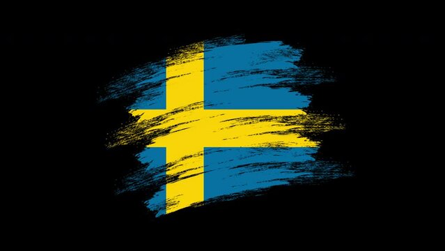 4K Paint Brush Sweden Flag with Alpha Channel. Waving Brushed Swedish Banner. Transparent Background Texture Fabric Pattern High Detail.