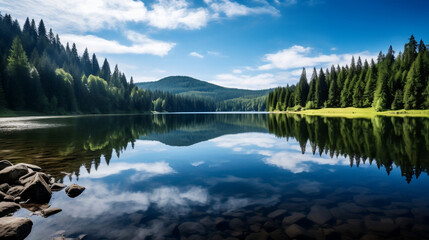 Stunning panorama background from the Mummelsee in the Black Forest on the Black Forest High Road, with reflection in the water, Generative Ai