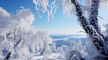 Stunning panorama of snowy landscape in winter in Black Forest - Snow winter wonderland snowscape with blue sky, close-up of frozen tree branch with icicle , Generative Ai - obrazy, fototapety, plakaty