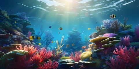Naklejka na ściany i meble Underwater coral reef landscape with colorful fish. IA Generative