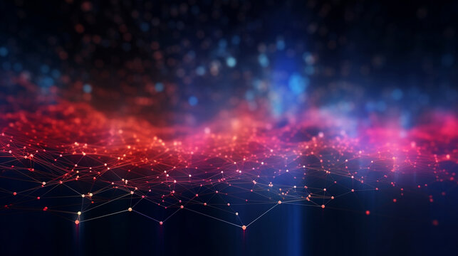 Texture of abstract future technology lines with dots connection mesh background banner illustration 3d - Connection digital data and big data concept. Digital datail dark blue red pink, Generative Ai