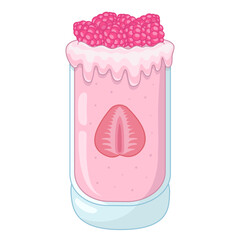 Strawberry and raspberries in a glass. Refreshing drink. fresh fruits. Natural fruit drink. Glass of juice with ice