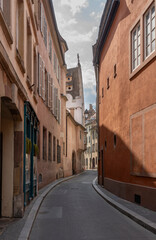 Strasbourg, France - 05 19 2023: View of typical street near the cathedral.