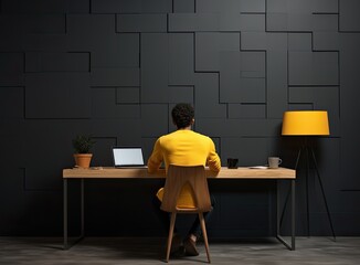 Wide angle back view at man using computer at home office with modern tech interior, copy space. Created with Generative AI technology.