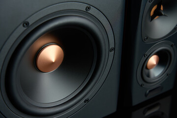 Multimedia acoustic sound speakers. Sound audio system on dark background. Stereo system for...