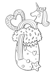 contour line illustration sweet food cartoon style dessert with toppings summer unicorns and rainbow design element for coloring book or sticker printable