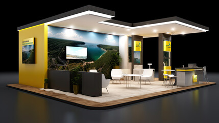 Commercial stand in an exhibition hall or a large professional salon ready to receive brands and advertisements