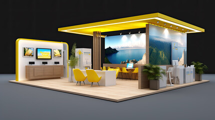 Commercial stand in an exhibition hall or a large professional salon ready to receive brands and advertisements