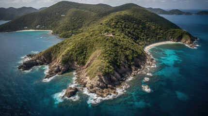 drone shot of an island like Deadman's Bay Peter Island. Generative AI - obrazy, fototapety, plakaty