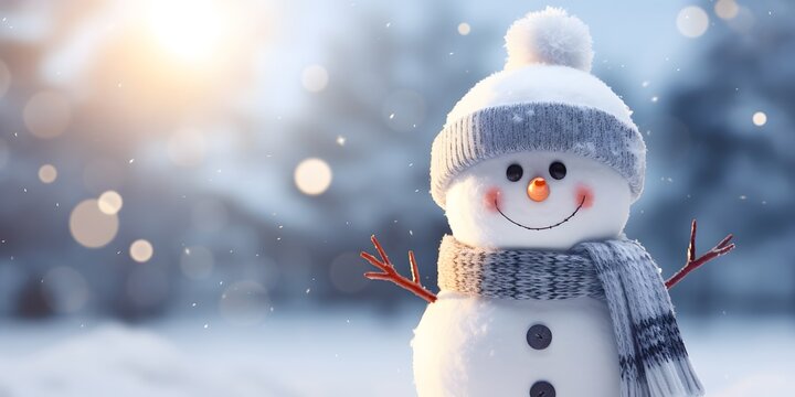 Winter holiday christmas background banner - Closeup of cute funny laughing snowman with wool hat and scarf, on snowy snow snowscape with bokeh lights, illuminated by the sun