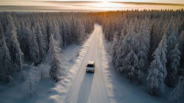 drone shot of a car driving through a snowy forest at sunset. around the car are forests with white trees. Generative AI