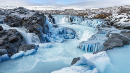 beautiful big waterfall in winter with turquoise water. Generative AI