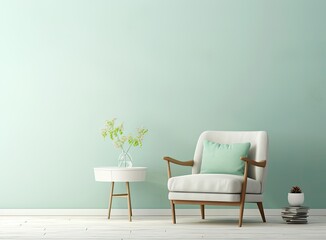 Photo of white wooden cupboard with fresh plant and mint lampshade. Created with Generative AI technology.