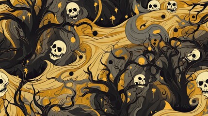 Spooky Halloween Background with black people and Black and yellow Plants, Halloween seamless background