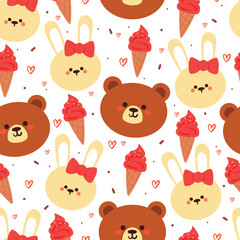 Obraz premium seamless pattern cartoon bunny and bear with strawberry ice cream. cute animal wallpaper for textile, gift wrap paper