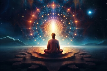 Spiritual meditation space with cosmic imagery, chakras, prana, and divine thoughts - obrazy, fototapety, plakaty
