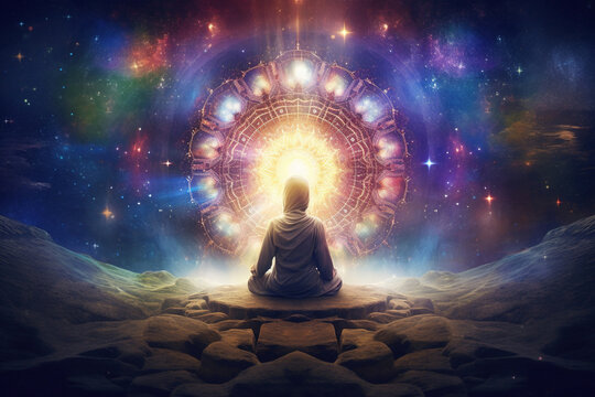The vast expanse of the universe, with its myriad stars and galaxies, serves as a meditation background, inviting contemplation on chakras, prana, the mind of God