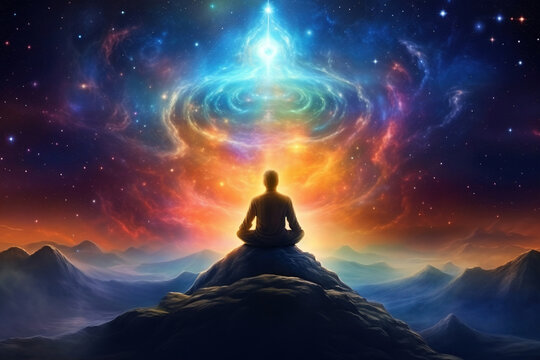 Cosmic meditation imagery, delving into spirituality and universal exploration